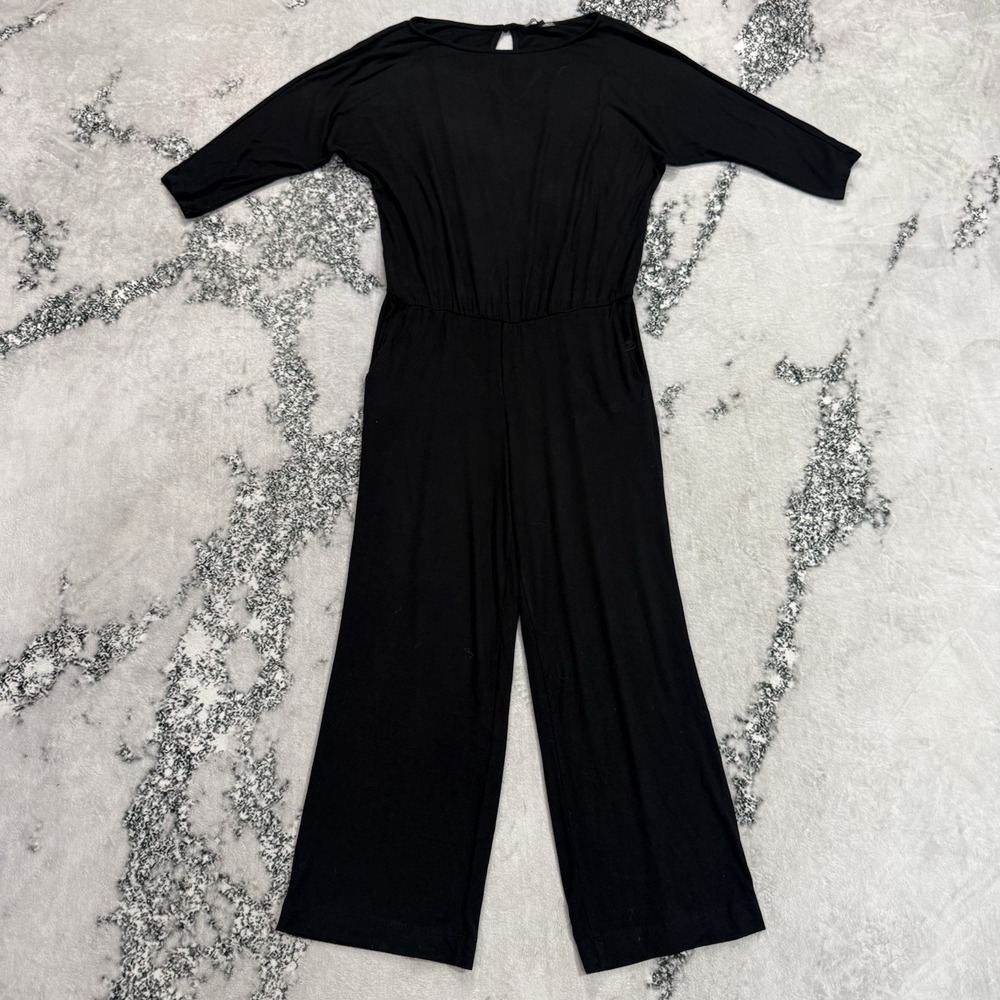 Michael Stars Womens Size L Black Jumsuit Wide Leg 3/4 Sleeve Elastic Waist